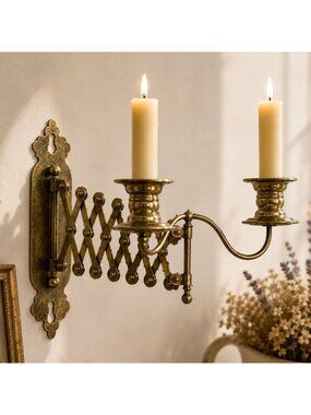 Vintage Brass Accordion Wall-Mounted Double Candle Holder With Ornate Detailing